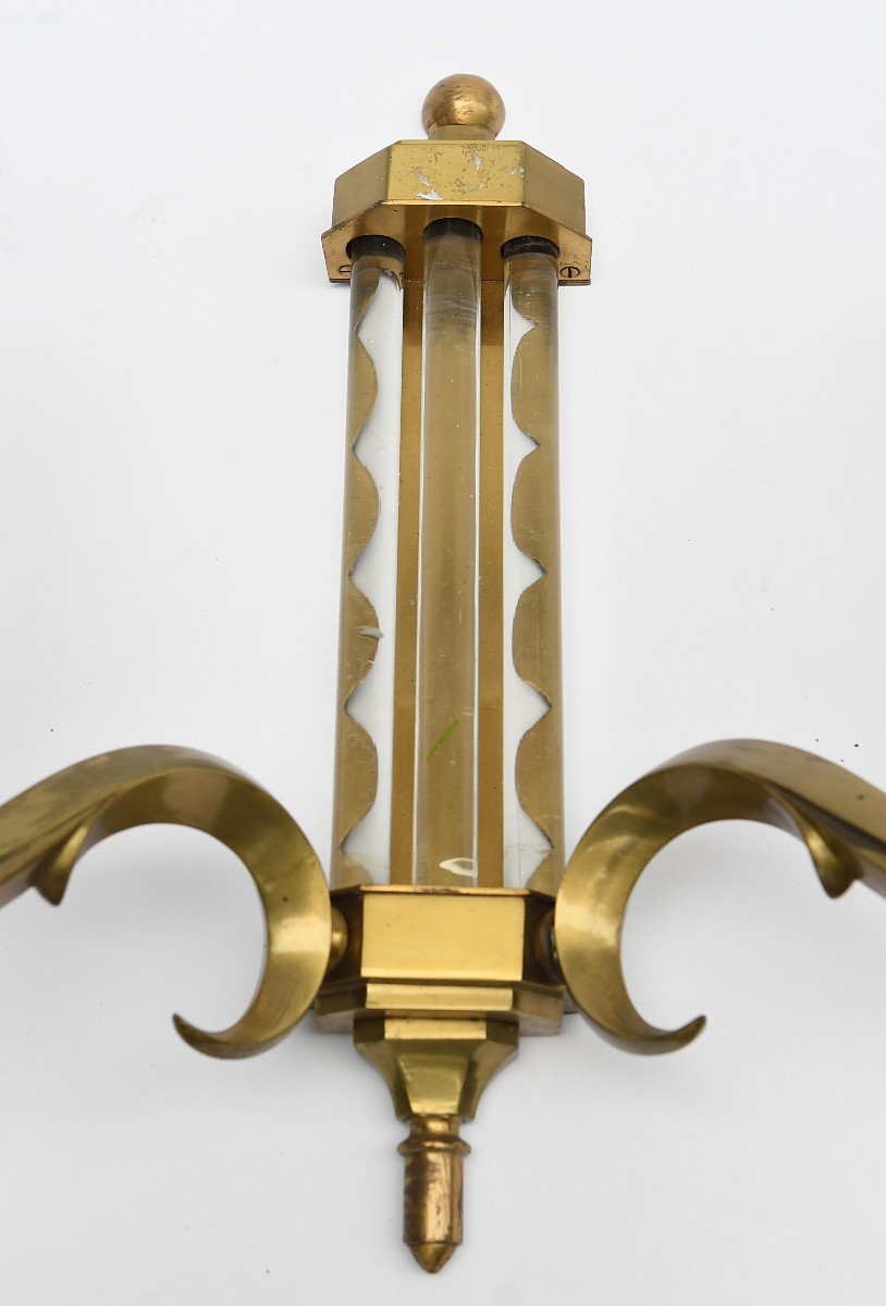 Pair Of Sconces In Brass And Glass With Two Arms Of Light With Leafy Windings-photo-2