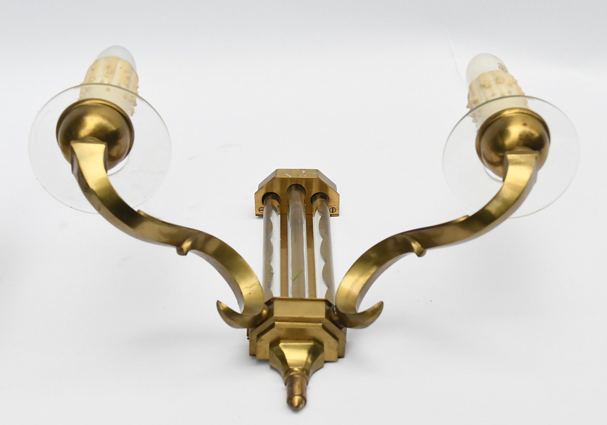 Pair Of Sconces In Brass And Glass With Two Arms Of Light With Leafy Windings-photo-3