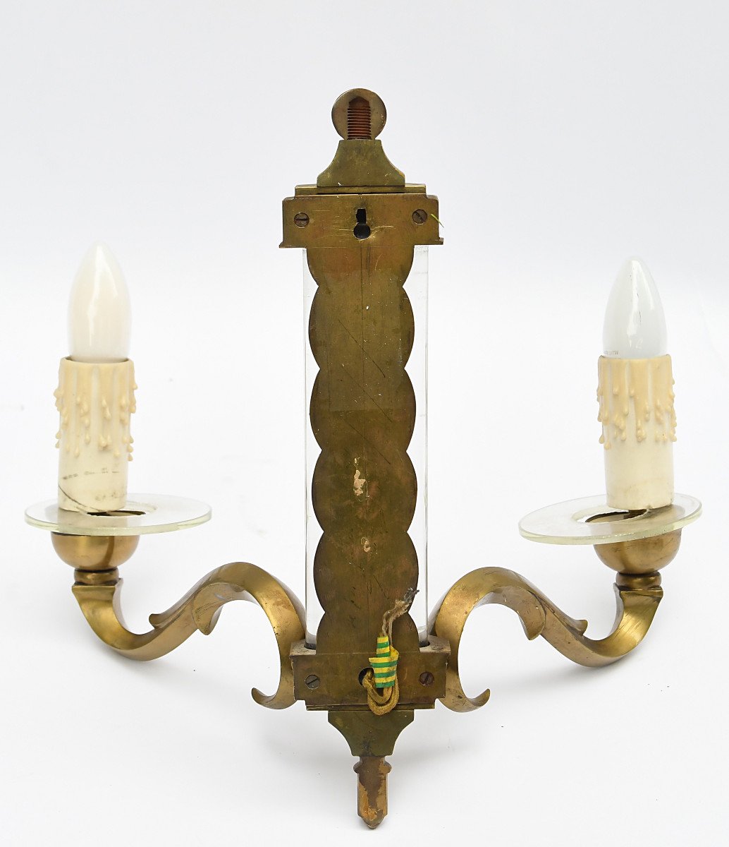 Pair Of Sconces In Brass And Glass With Two Arms Of Light With Leafy Windings-photo-3