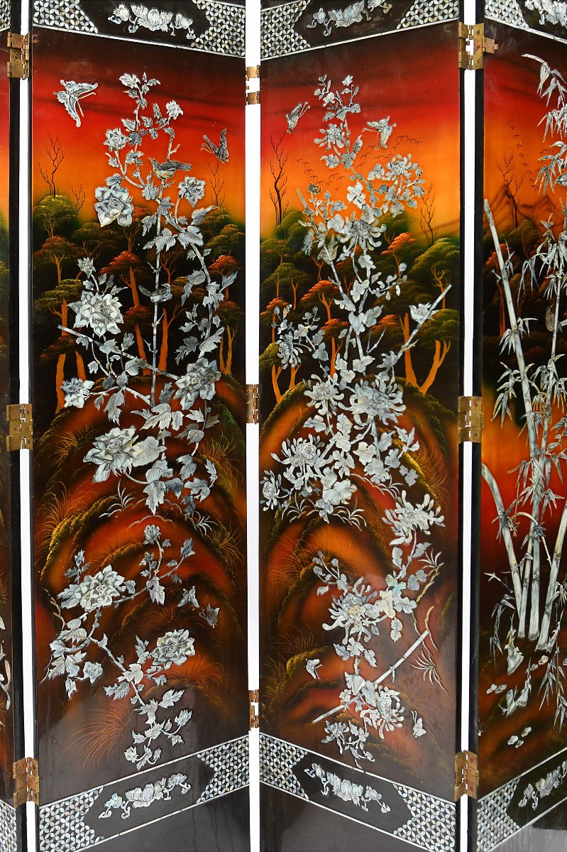 Important Screen With Six Leaves In Red And Black Lacquered Wood With Mother-of-pearl Inlay Decor-photo-6