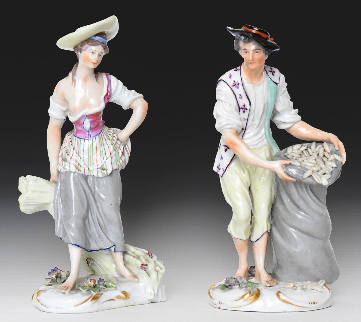 Pair Of Samson Porcelain Statuettes Representing A Couple Of Peasants