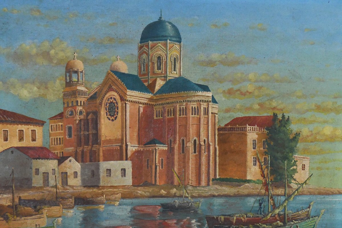 G. ECKERT Huile sur toile « Basilique Notre-Dame-de-la-Victoire de Saint-Raphaël et les barques au port »-photo-2