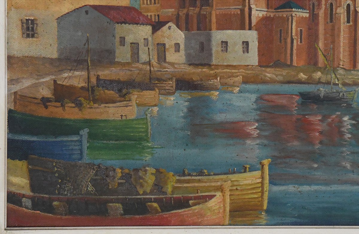 G. ECKERT Huile sur toile « Basilique Notre-Dame-de-la-Victoire de Saint-Raphaël et les barques au port »-photo-3