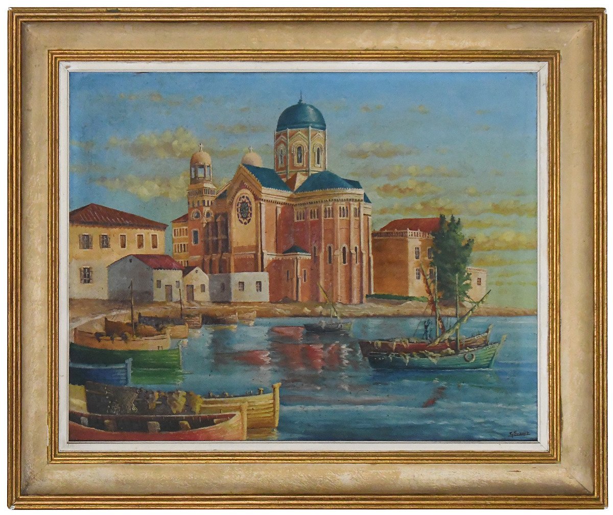 G. ECKERT Huile sur toile « Basilique Notre-Dame-de-la-Victoire de Saint-Raphaël et les barques au port »