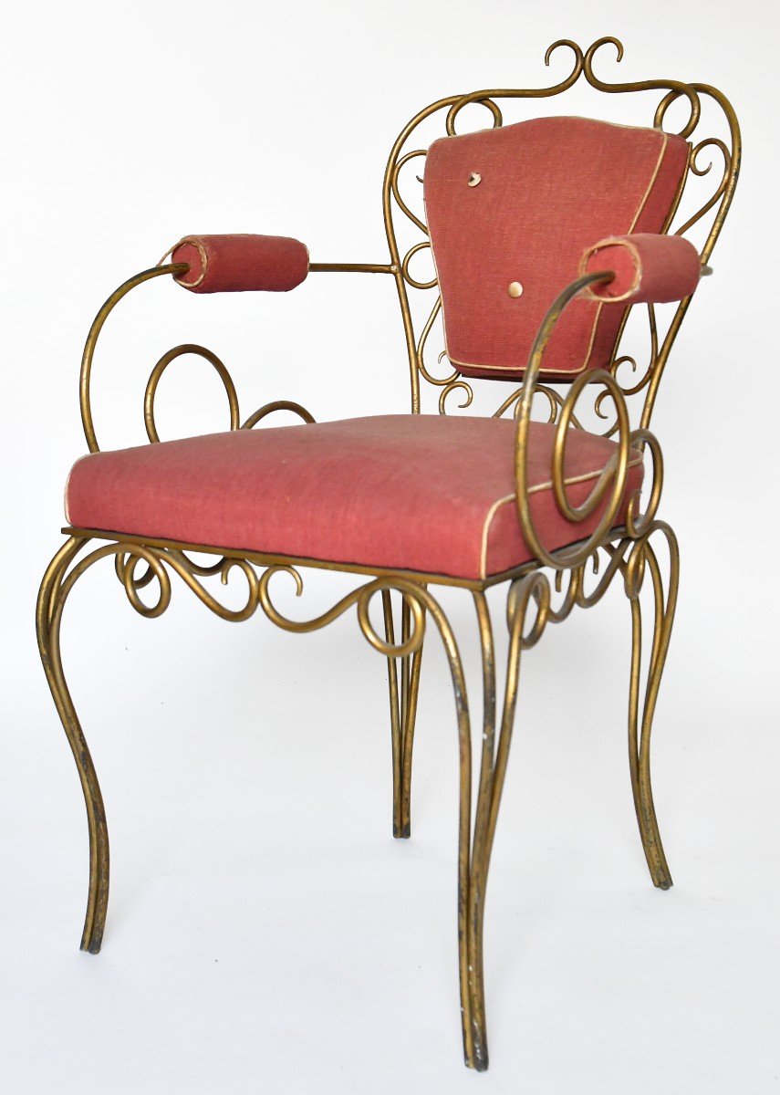 Attributed To René Drouet (1899 - 1993) 4 Gilded Wrought Iron Chairs-photo-2