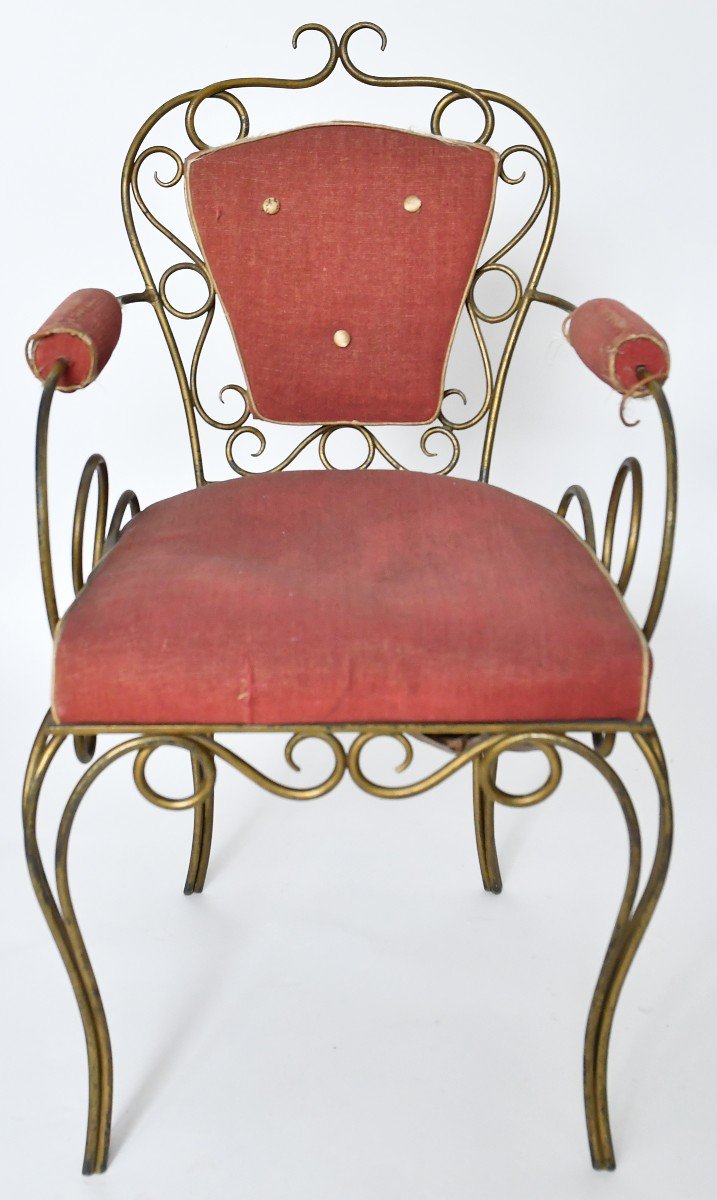Attributed To René Drouet (1899 - 1993) 4 Gilded Wrought Iron Chairs-photo-4