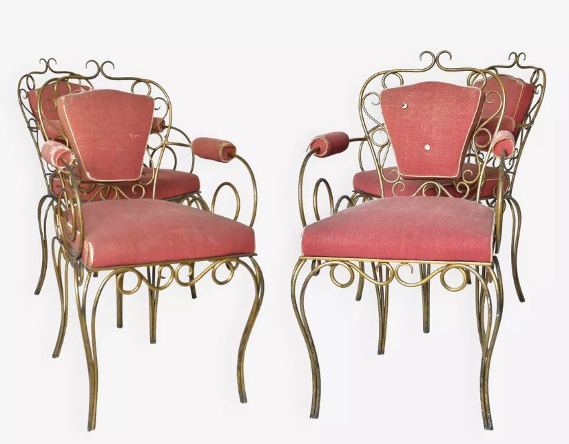 Attributed To René Drouet (1899 - 1993) 4 Gilded Wrought Iron Chairs