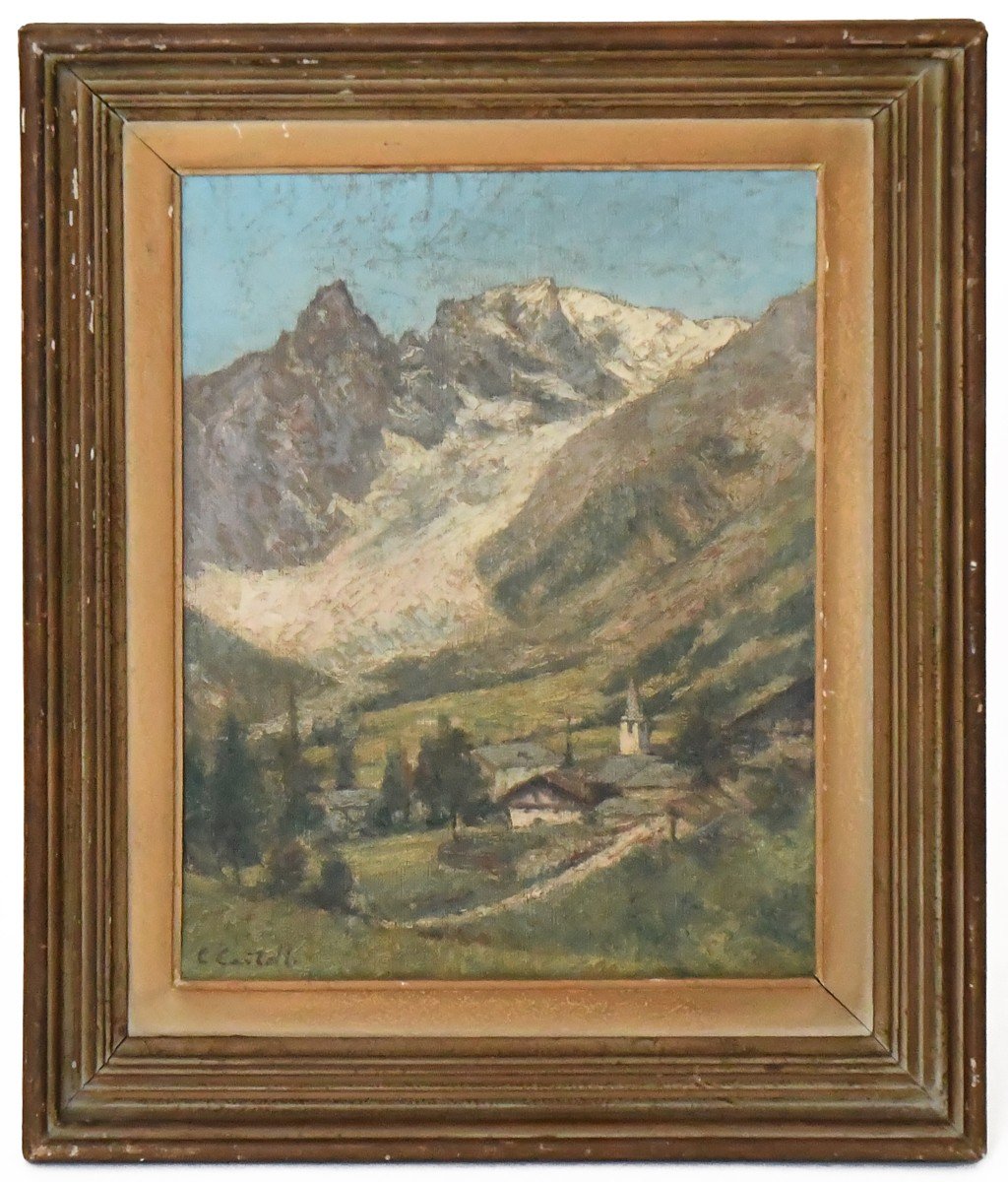 Clément Castelli (1870-1959) Oil On Canvas "village Of Entrèves. Mont Blanc, Italian Side"