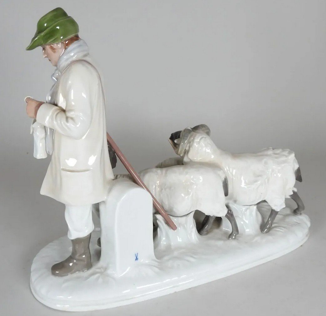 Meissen Porcelain Group Model Y155 Shepherd Knitting Accompanied By His Troop-photo-1