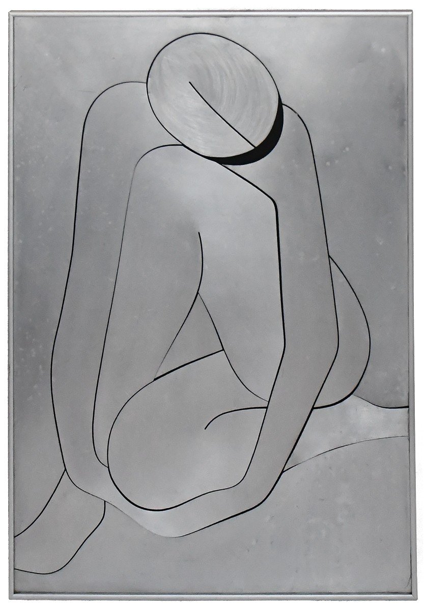 Silhouette d'une femme assise en métal découpé sur panneau, des années 1970