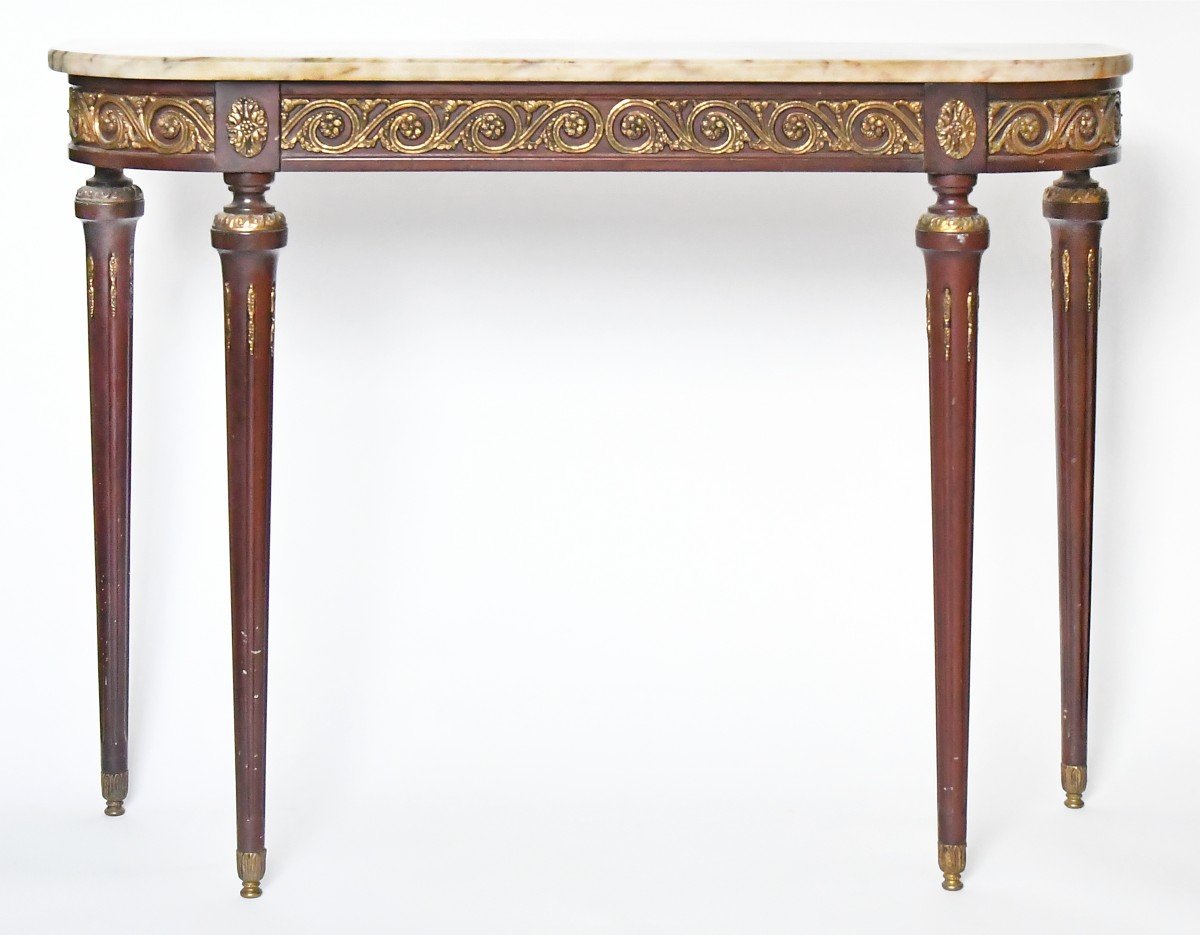 Console And Its Louis XVI Style Mirror In Mahogany With Rich Gilded Brass Decoration-photo-2