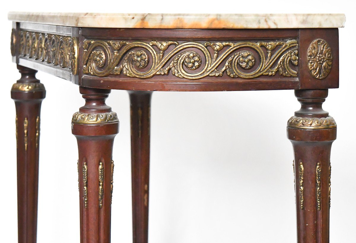 Console And Its Louis XVI Style Mirror In Mahogany With Rich Gilded Brass Decoration-photo-2