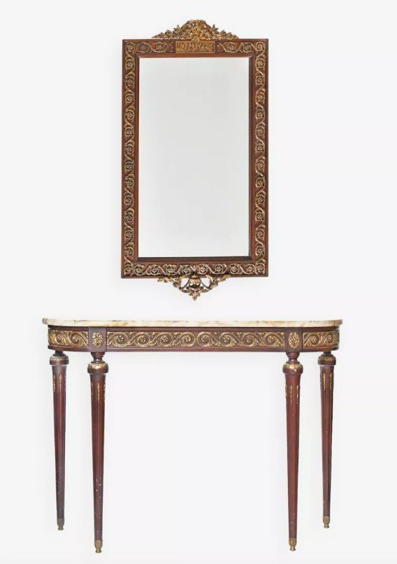 Console And Its Louis XVI Style Mirror In Mahogany With Rich Gilded Brass Decoration