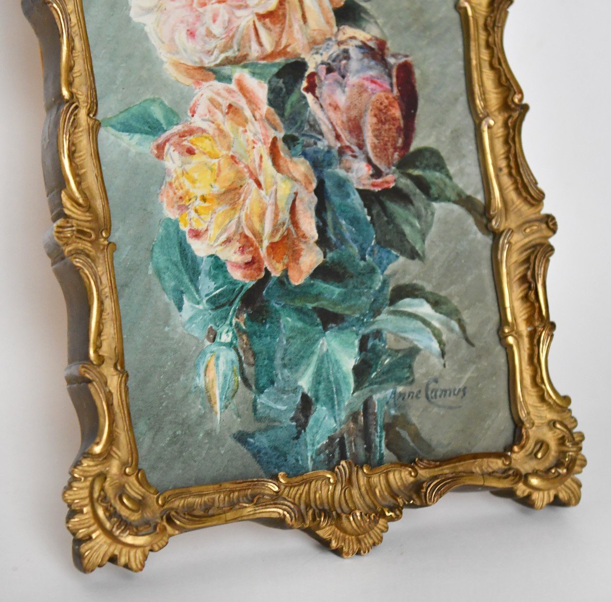 ANNE CAMUS (École du XIXe siècle) "Roses et œillets"  Paire d'aquarelles -photo-3