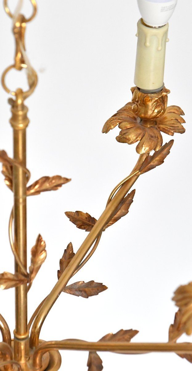 Lustre avec sa paire d'appliques en métal doré à décor de feuillage-photo-2