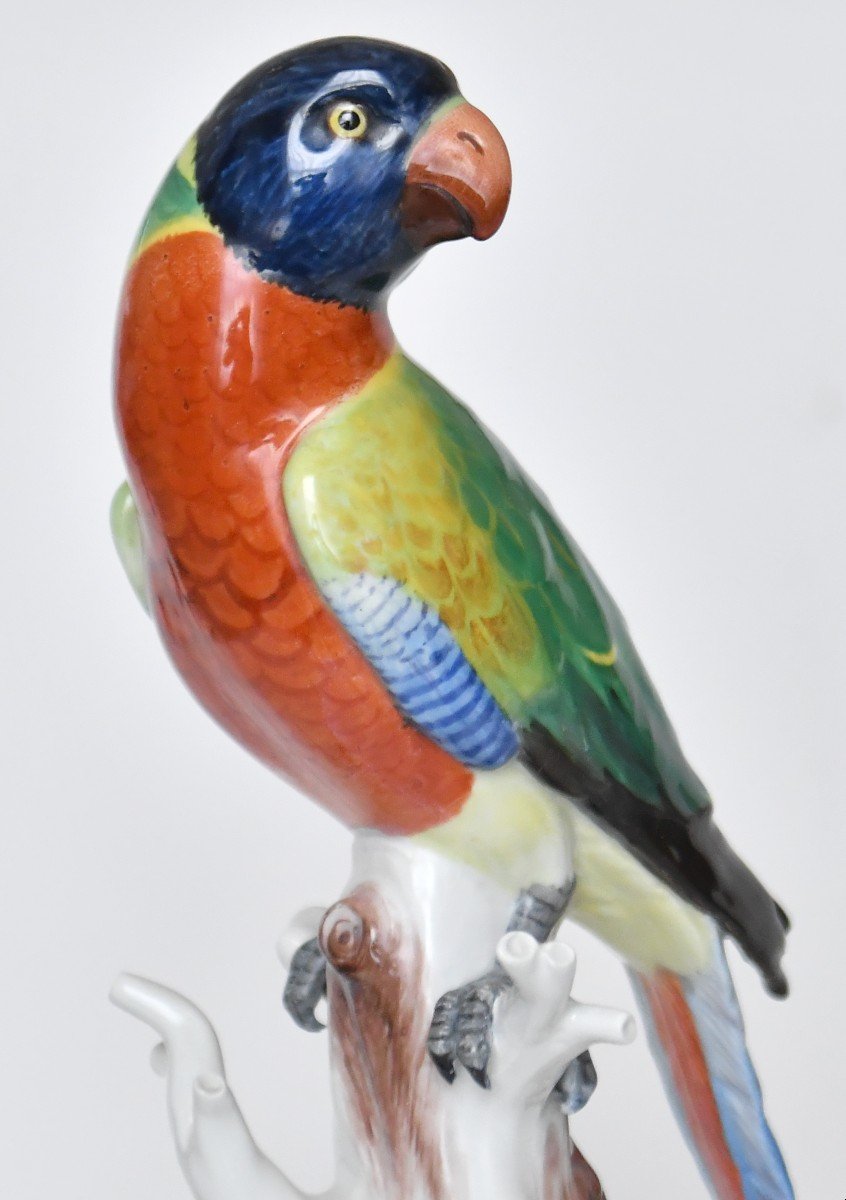 Meissen Porcelain Statuette Parrot Sitting On A Tree Trunk, Model 63-photo-2