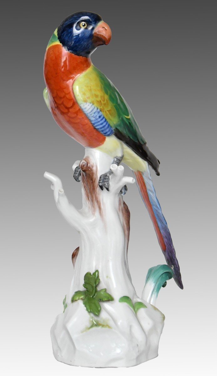 Meissen Porcelain Statuette Parrot Sitting On A Tree Trunk, Model 63