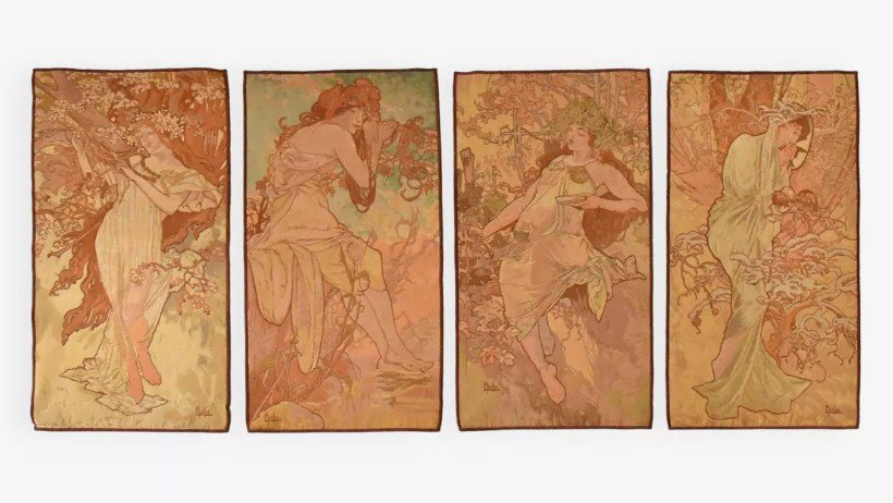 Quatre tapisseries représentantes 4 saisons d'après Alphonse Mucha 