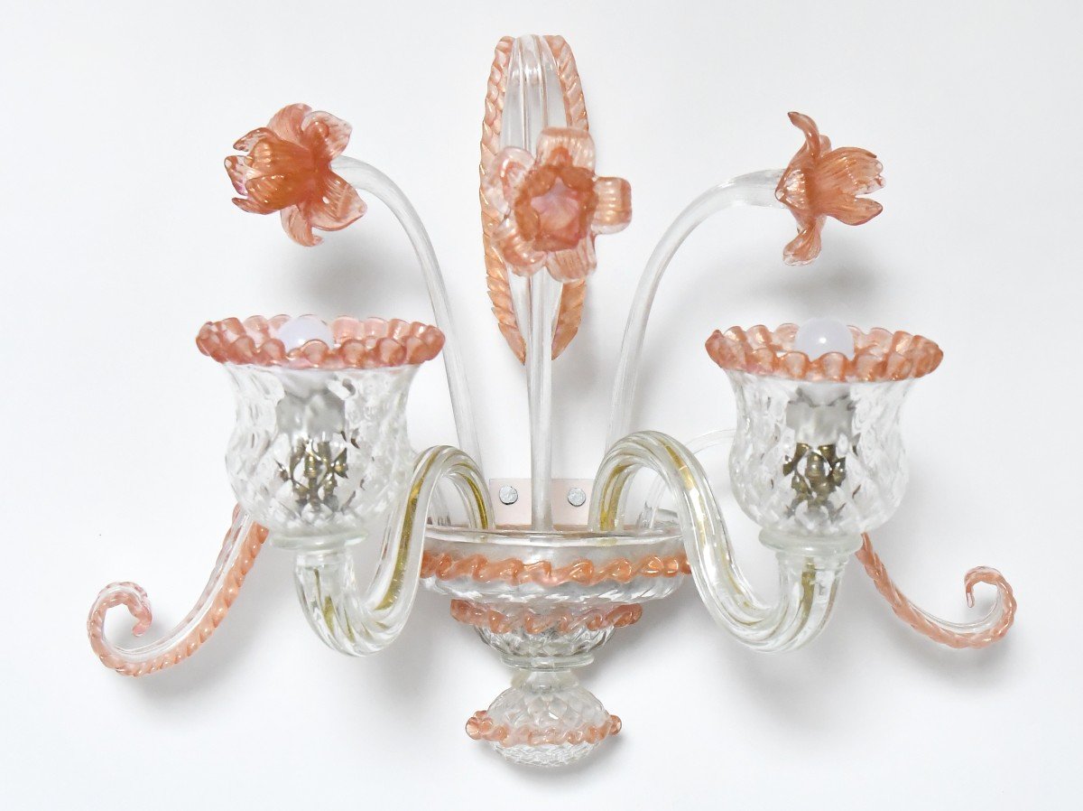 Lustre avec sa paire d'appliques en verre de Murano-photo-5