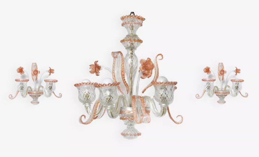 Lustre avec sa paire d'appliques en verre de Murano