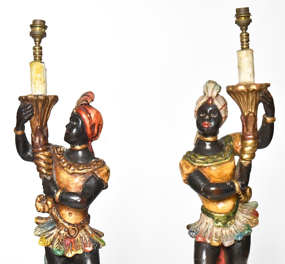 Pair Of Carved Wooden Lamps With Nubian Decoration -photo-2