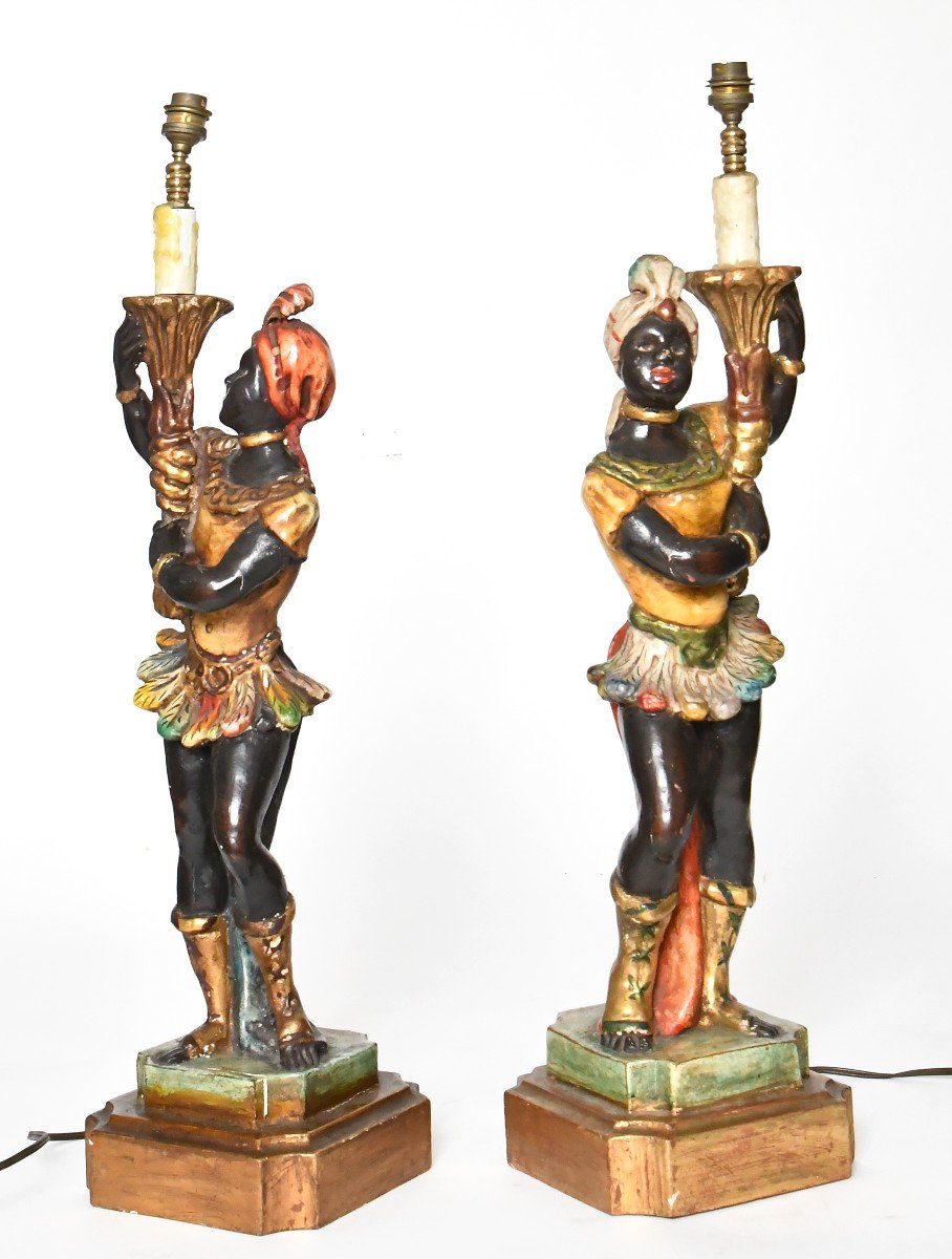 Pair Of Carved Wooden Lamps With Nubian Decoration -photo-4