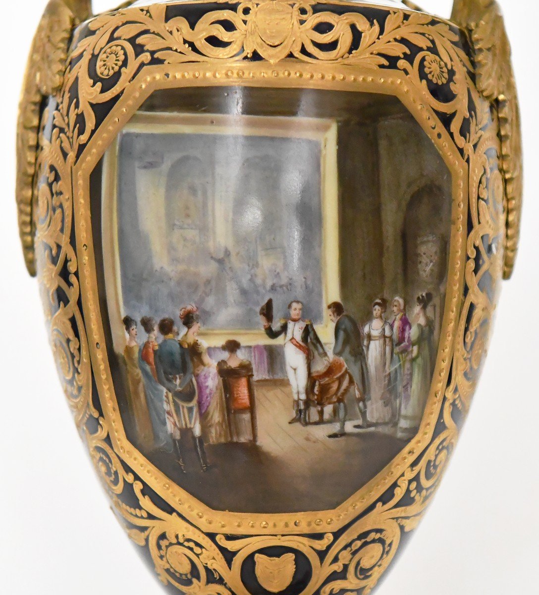 Porcelain Vase With Blue Background Decorated With A Scene From Napoleon In The Louvre -photo-2