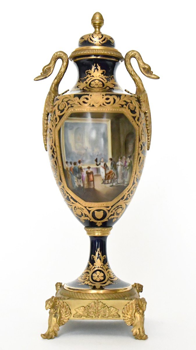 Porcelain Vase With Blue Background Decorated With A Scene From Napoleon In The Louvre 