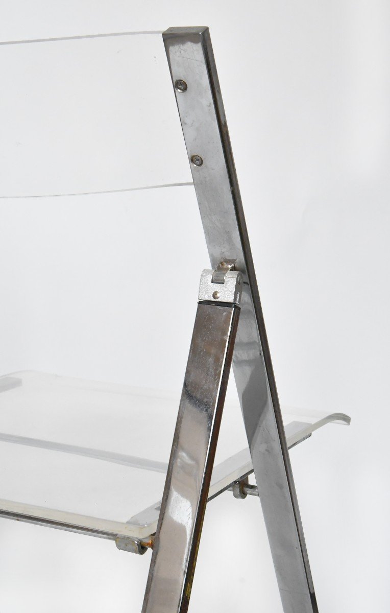 Suite de 5 chaises pliantes des années 1970 en métal chromé et plexiglass -photo-6
