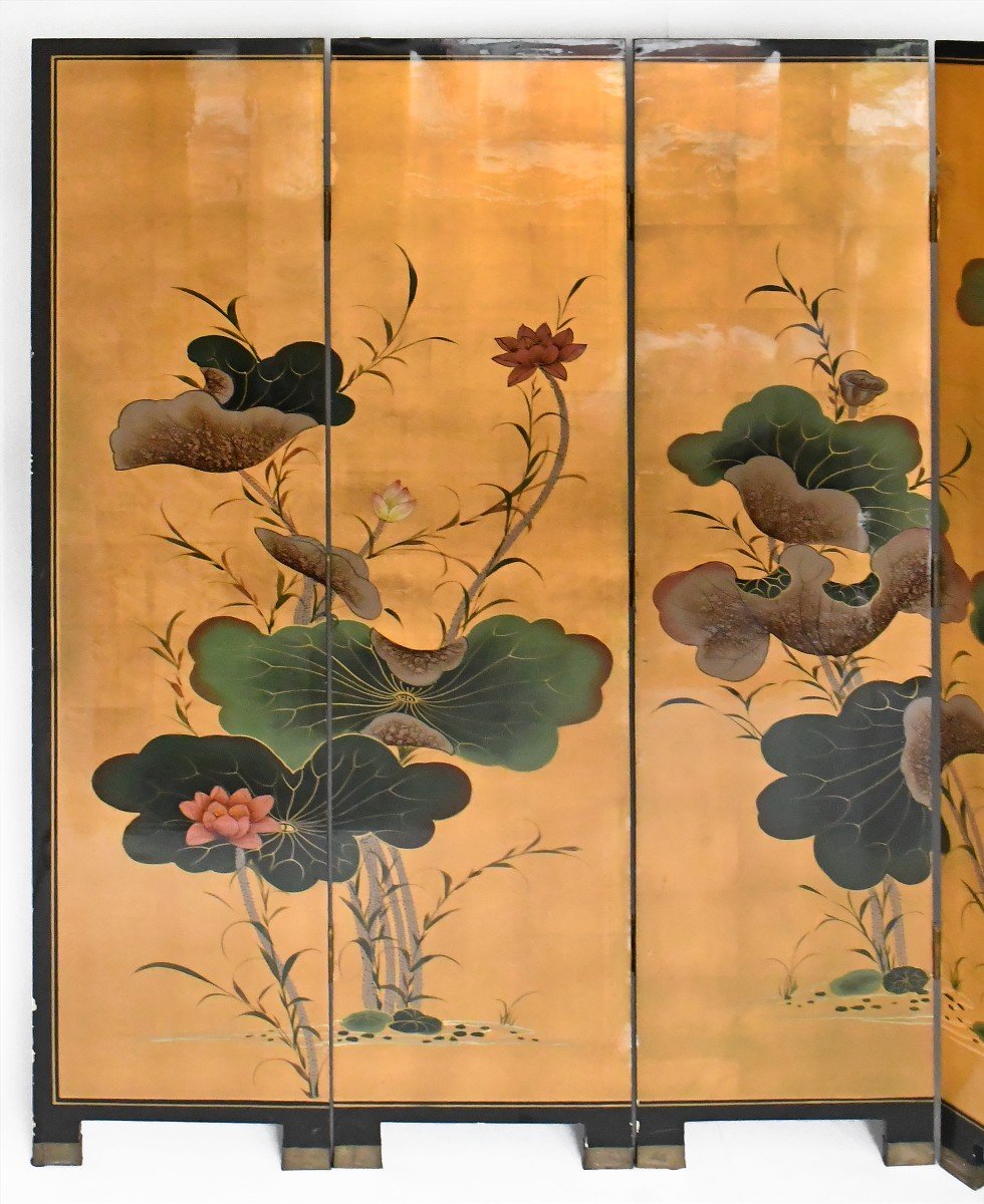 Screen Composed Of Six Japanese Lacquer Leaves Decorated With A Floral Scene On A Golden Background-photo-2