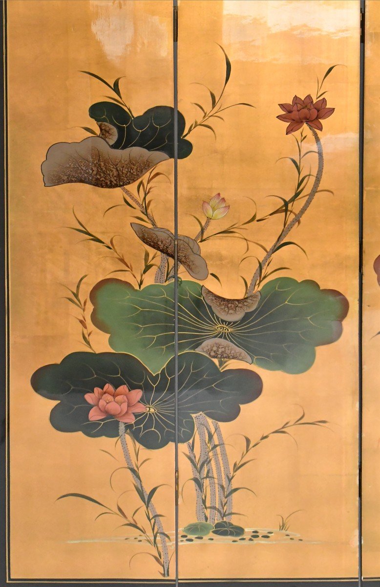 Screen Composed Of Six Japanese Lacquer Leaves Decorated With A Floral Scene On A Golden Background-photo-3