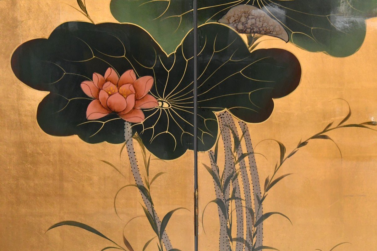 Screen Composed Of Six Japanese Lacquer Leaves Decorated With A Floral Scene On A Golden Background-photo-4