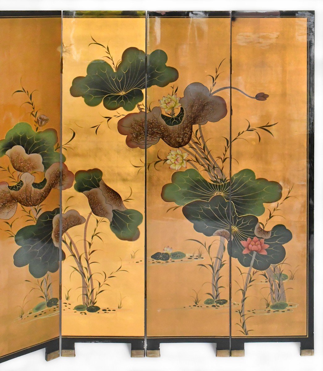Screen Composed Of Six Japanese Lacquer Leaves Decorated With A Floral Scene On A Golden Background-photo-2