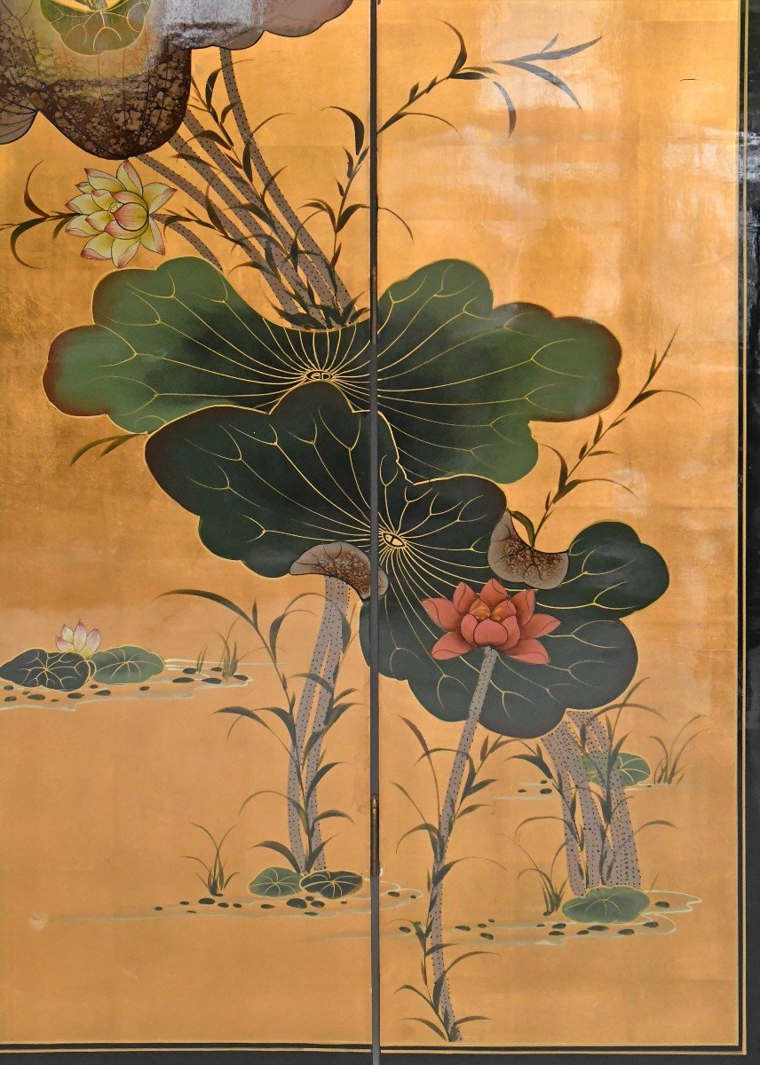 Screen Composed Of Six Japanese Lacquer Leaves Decorated With A Floral Scene On A Golden Background-photo-3