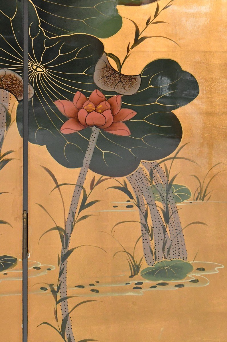 Screen Composed Of Six Japanese Lacquer Leaves Decorated With A Floral Scene On A Golden Background-photo-4