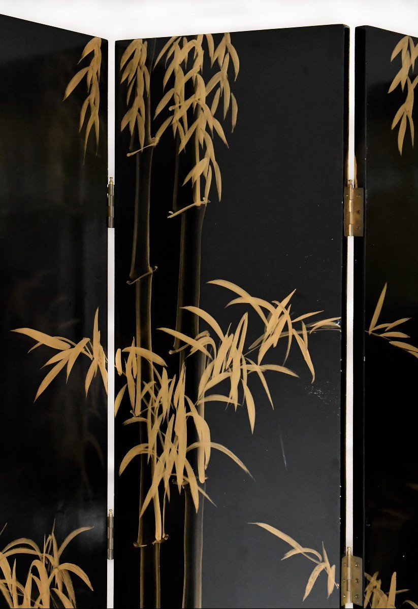 Screen Composed Of Six Japanese Lacquer Leaves Decorated With A Floral Scene On A Golden Background-photo-7