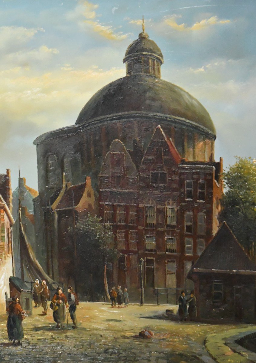 20th Century School In The Dutch Taste Of The 19th Century "busy Street" Oil On Panel  -photo-2