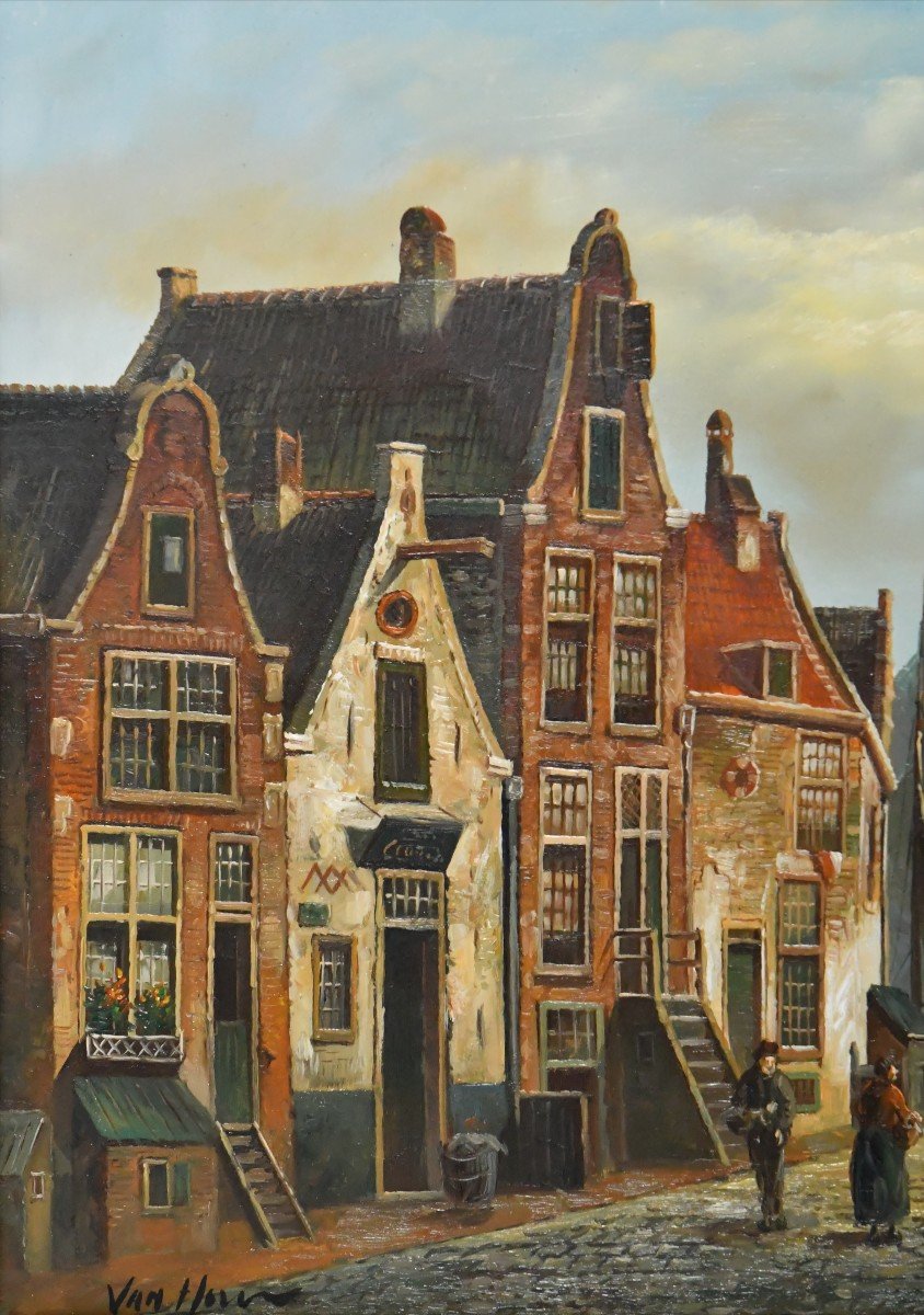 20th Century School In The Dutch Taste Of The 19th Century "busy Street" Oil On Panel  -photo-4