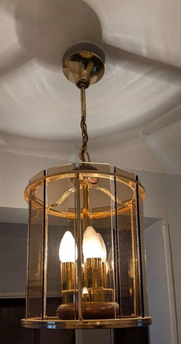 Paire de lanternes des années 1980 en laiton doré, bois et plaques en verre fumé-photo-2