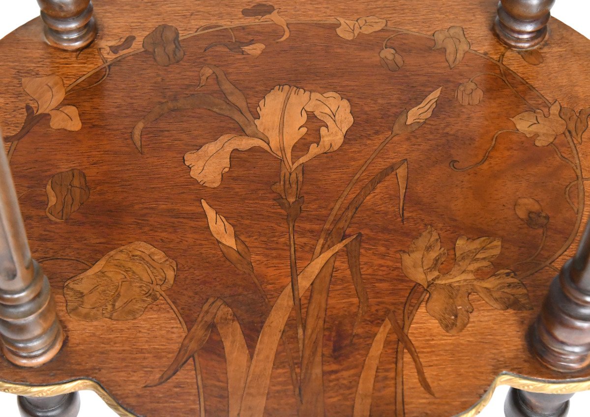 Sellette de style Napoléon III à deux plateaux en marqueterie de bois variés à décor floral-photo-1