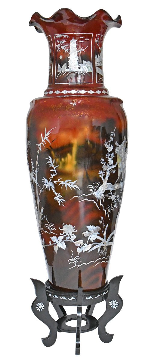 Important Chinese Vase In Boiled Cardboard, Fiber And Mother-of-pearl Marquetry-photo-1