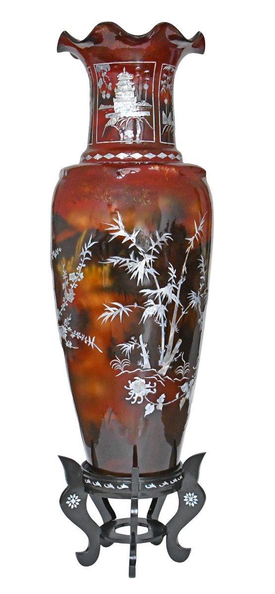 Important Chinese Vase In Boiled Cardboard, Fiber And Mother-of-pearl Marquetry-photo-3