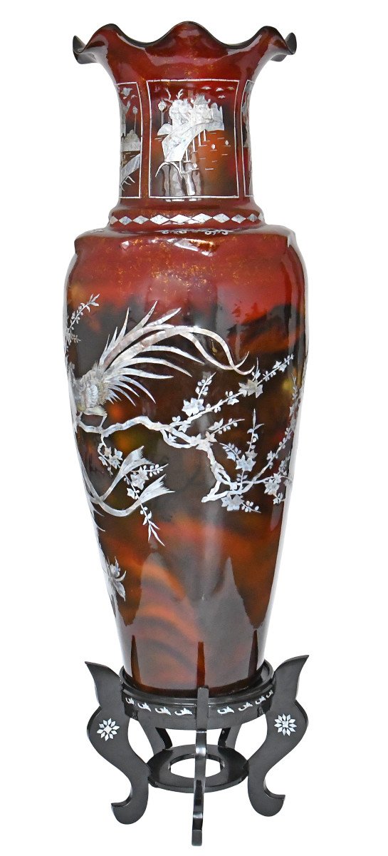 Important Chinese Vase In Boiled Cardboard, Fiber And Mother-of-pearl Marquetry-photo-5