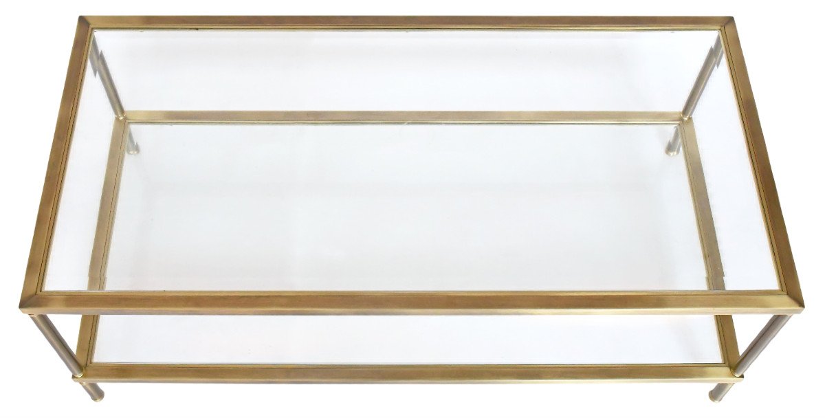 Table basse en laiton doré et deux plateaux en verre biseauté-photo-1