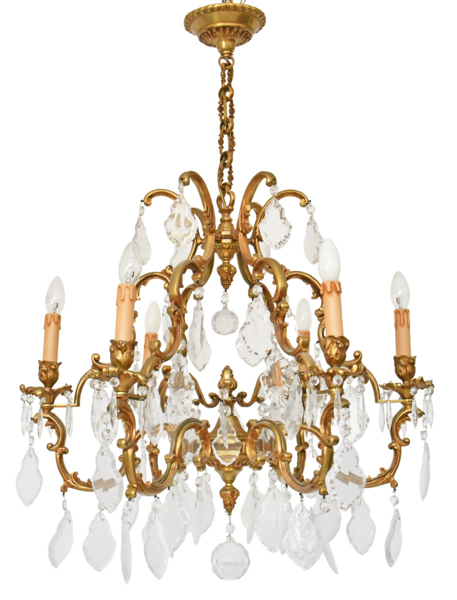 Lustre cage de style Louis XV en bronze doré à six bras de lumières