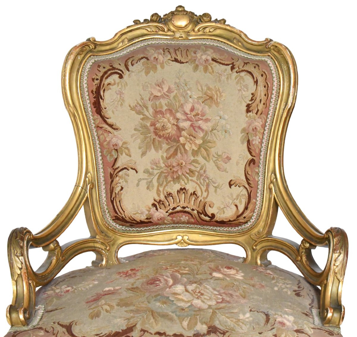 Louis XV Style Cabriolet Armchair In Gilded Wood And Floral Tapestry-photo-2