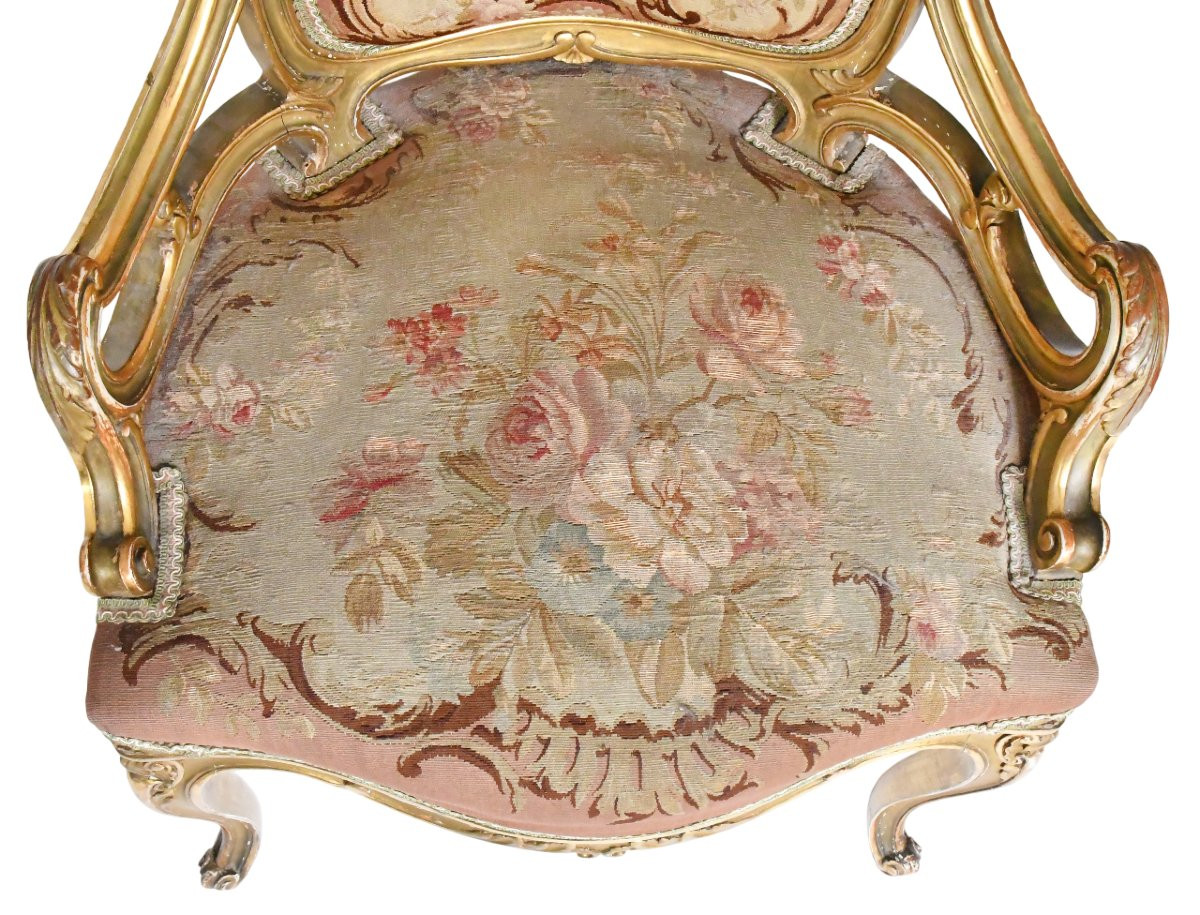 Louis XV Style Cabriolet Armchair In Gilded Wood And Floral Tapestry-photo-4