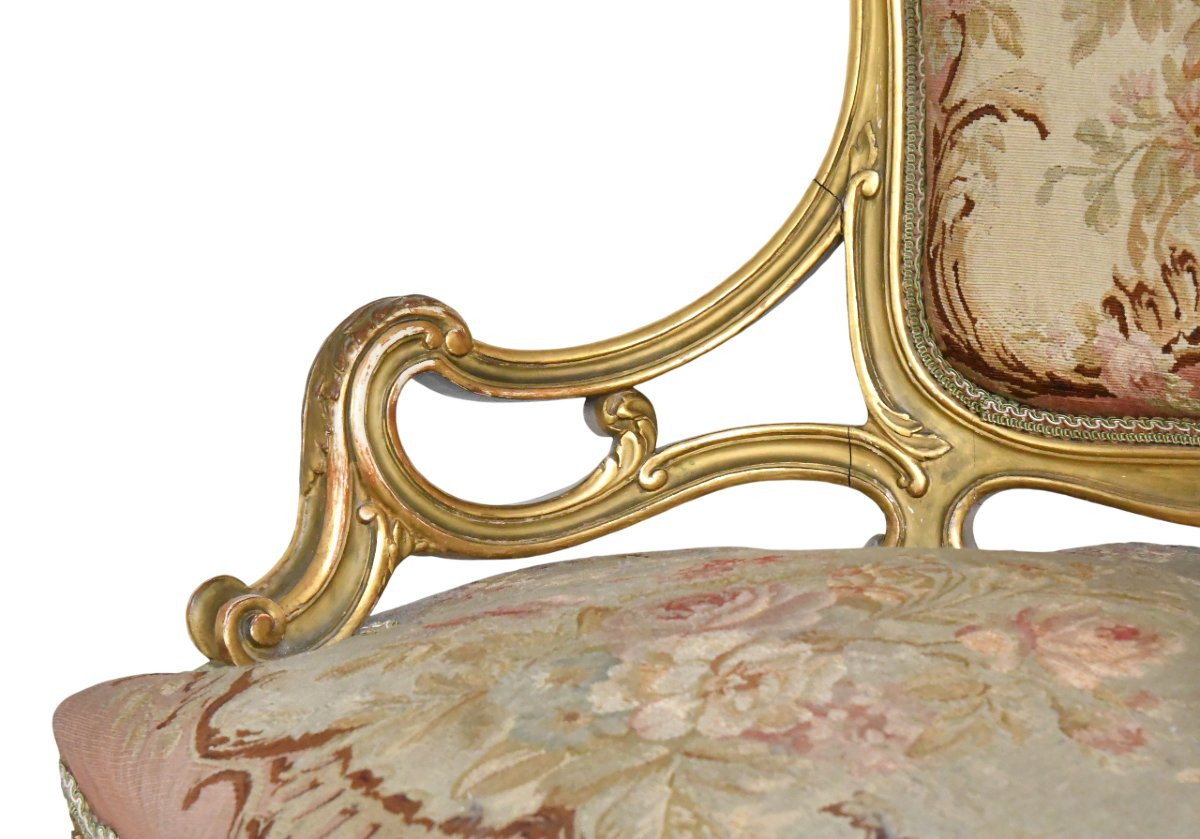 Louis XV Style Cabriolet Armchair In Gilded Wood And Floral Tapestry-photo-2