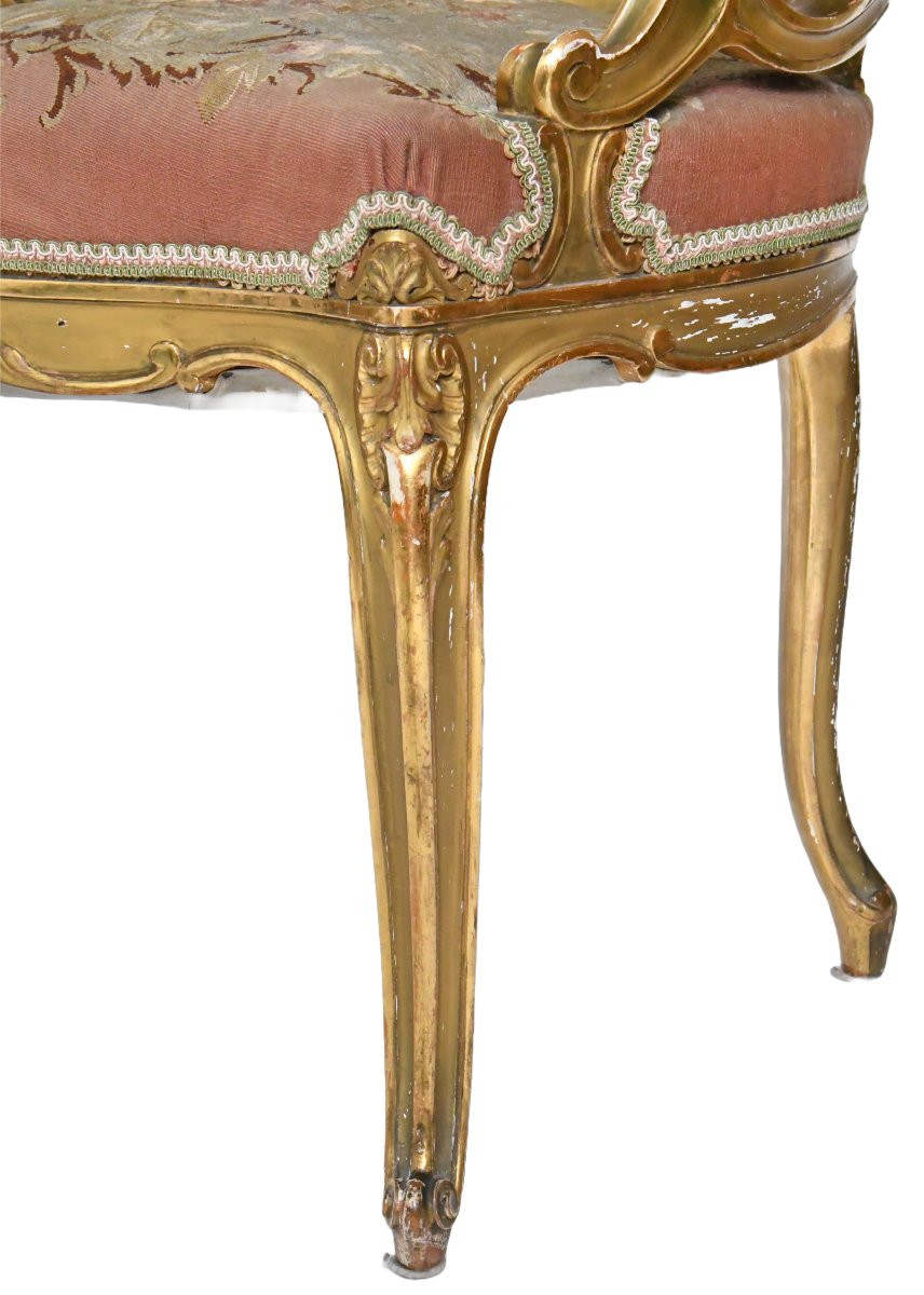Louis XV Style Cabriolet Armchair In Gilded Wood And Floral Tapestry-photo-3