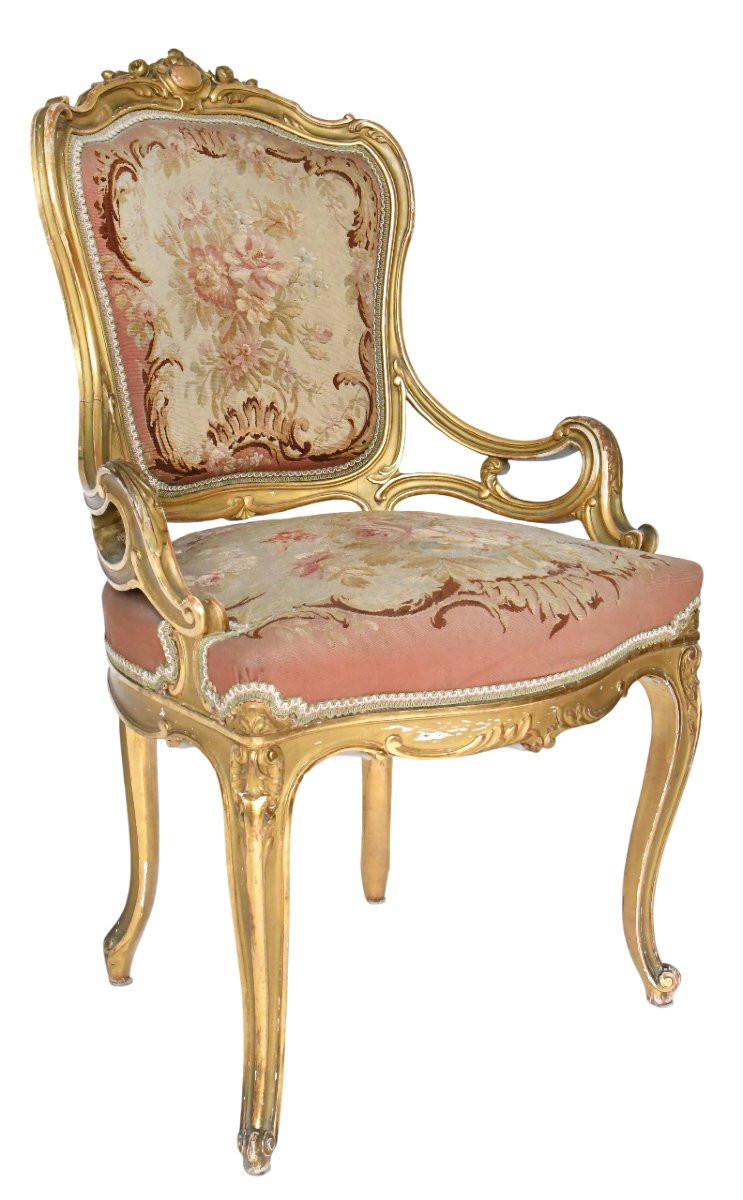 Louis XV Style Cabriolet Armchair In Gilded Wood And Floral Tapestry-photo-4